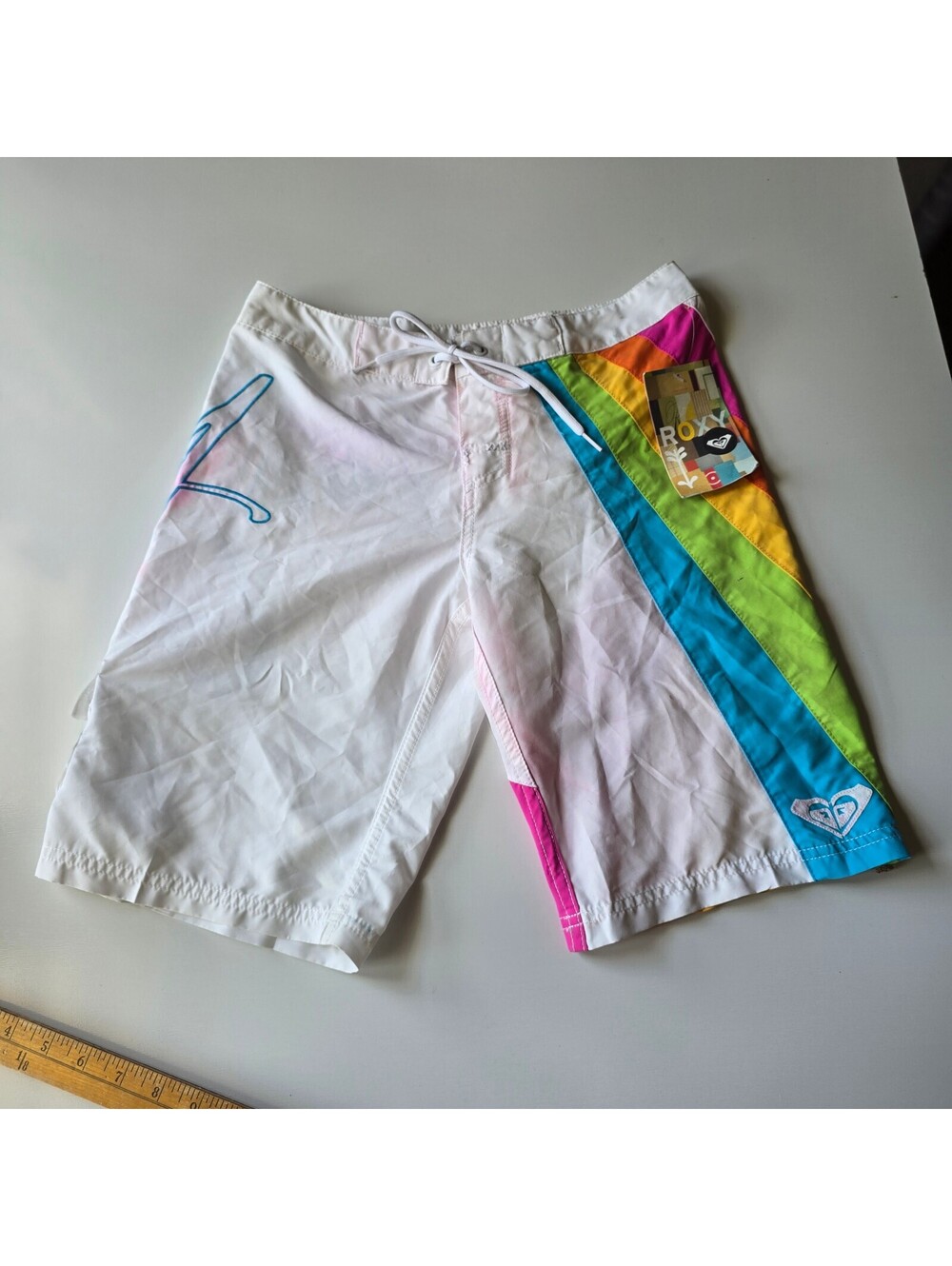 NWT Vintage Roxy Rainbow Board Shorts White Colorblock Surf Swim Trunks